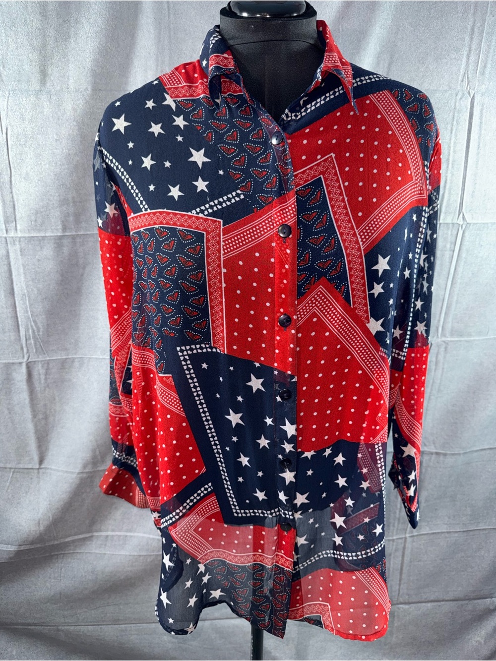 2810-Venezia Vintage Red & Navy Star Patchwork Button-Down Shirt